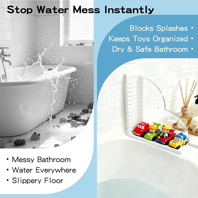 Bathtub Shower Splash Guard with Storage, Silicone Water Blocker | Dual suction cups no-drill install, Acrylic silicone water blocker for tub, shower & sink, Organizes bath essentials