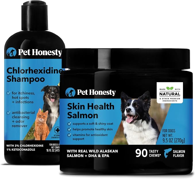 Chlorhexidine Shampoo + Skin Health Salmon Virtual Bundle - Itch Relief, Shiny Dog Coat, Dog Shampoo for Allergies, 100% Natural Fish Oil with Omega3s, Reduce Shedding, Healthy Skin & Coat