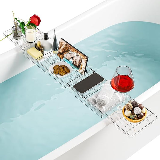 Yieach Iuxury Bathtub Trays For Tub,Expandable Bath Shelf Over Tub,Clear Bath Table,Bath Board,Bath Caddy Tray and Bath Tub Accessories for Women Relaxing With Bath Reading Book and Ipad Holder,1 Pack