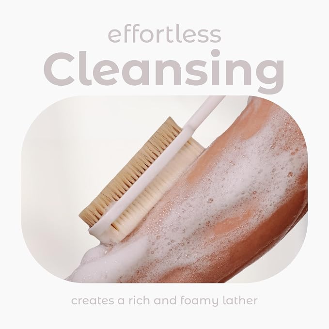 MainBasics Back Scrubber for Shower, Long Handle Body Brush, 15.75 Inch | Dual-Sided Exfoliating and Soft Bristles
