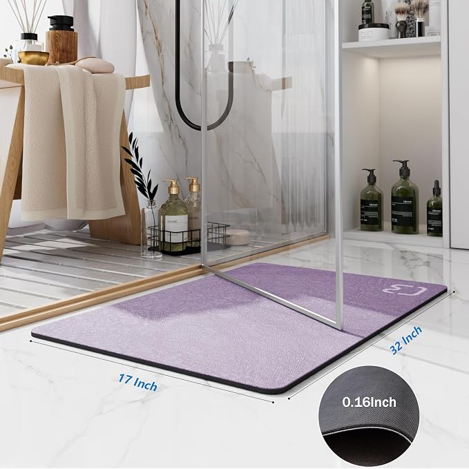 RUERYA Diatomaceous Earth Bath Mat Rugs Quick Dry Super Absorbent Non Slip Rubber BottomThin Bathroom Mat Fit Under Door, Floor Rugs in Front of Bathtub,Shower Room,Sink,Washable, 17" x 32", Lavender