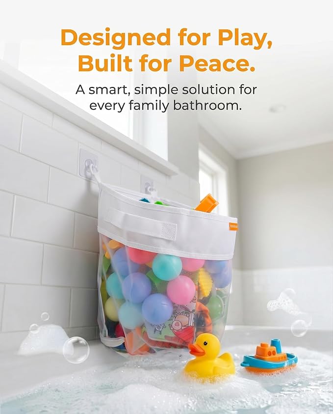 Bath Toy Organizer with Quick Release Zipper, Large Mesh Baby Bath Toy Storage Bag, Wall-Mounted Foldable Bathroom Organizer for Bathtub Toys, Fast Drying Holder with Adhesive Hooks
