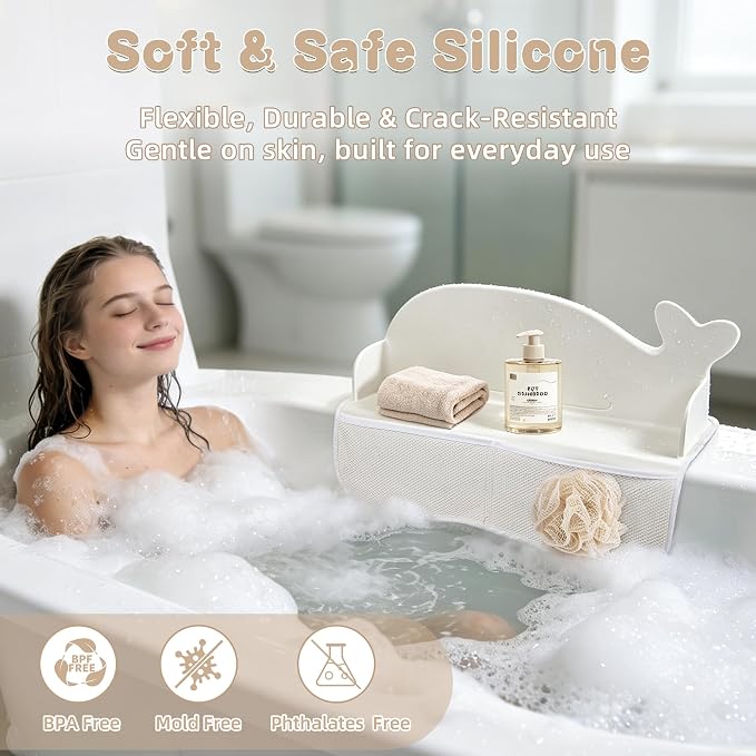 MCGMITT Splash Guard for Bathtub, Whale Silicone Bath Shelf for Kid, Bath Toys Storage with 130 Suction Cups, Leak-Proof Foldable Toddler Tub Water Barrier, Prevent Water Spills in Bathroom