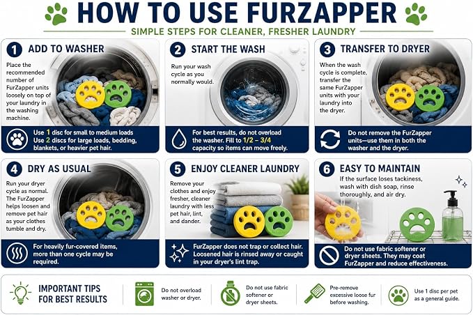 2 Pack FurZapper Pet Hair Remover for Laundry - Reusable Dog & Cat Hair Remover Tool As Seen on Shark Tank - Removes Pet Fur, Hair, Lint, Dander from Clothes & Laundry - One FurZapper Per Pet
