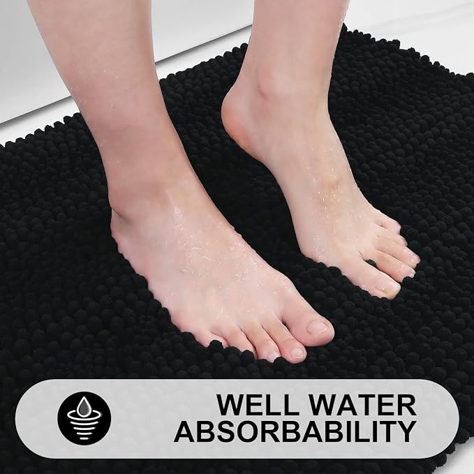 Grandaily Chenille Striped Bathroom Rugs 24x16, Extra Thick and Absorbent Bath Mats, Non-Slip Soft Plush Shaggy Shower Carpet, Machine Wash Dry, Bath Rug for Bathroom, (Small, Black)