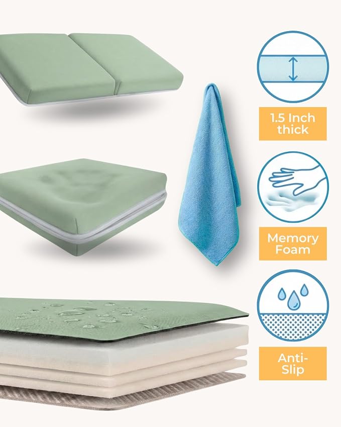 Comfortable Baby Bath Kneeler and Elbow Rest Pad Set – Thick Memory Foam Bath Kneeling Pad with Elbow Support – Baby Bathtub Cushion with Toy Organizer for Bathing Infant or Toddler - Green