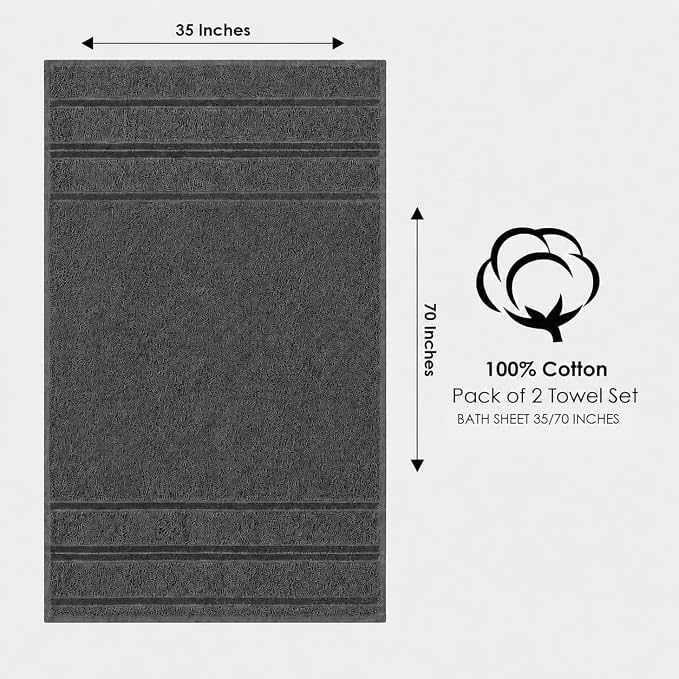 Terry Bath Sheet Set of 2 Charcoal Grey Bath Towels Set 35x70 Inches, 100 Combed Long Staple Cotton Highly Absorbent Ultra Soft Oversized Large Luxury Hotel & Spa Quality Bathroom Towels Set