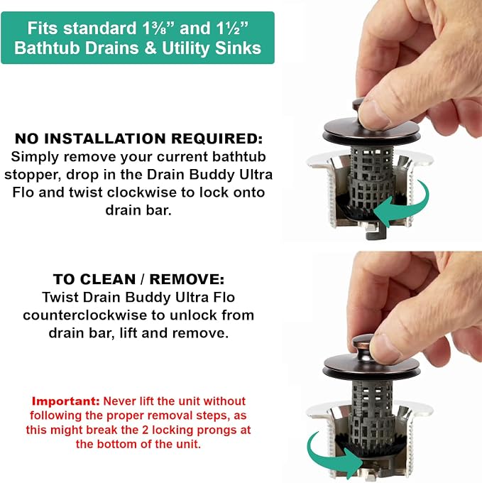 Drain Buddy Ultra Flo No Installation 2 in 1 Clog Preventing Tub Drain Stopper and Hair Catcher for 1 3/8" to 1.5" Bathtubs and Utility Sinks Oil Rubbed Bronze Metal Cap
