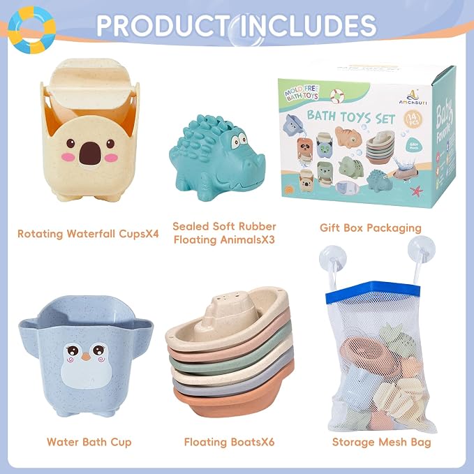 Baby Bath Toys for Kids Ages 1-3, 14 Pack Mold Free Bath Toys Toddlers 2-4 Bathtub Toys with Floating Boats&Cups and No Hole Bath Toy for Babies 6-12 Months Gifts for Boys & Girls