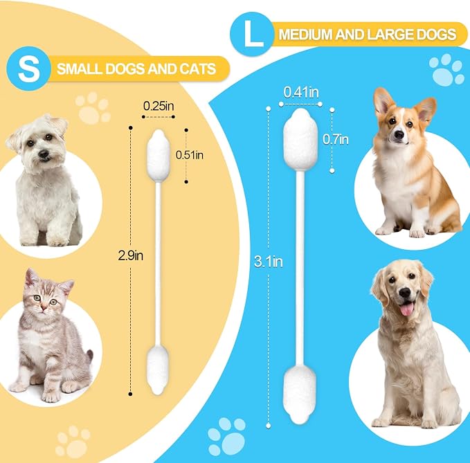 Small-Head Dog Ear Swabs, Gourd Cotton Tips, 110 pcs | Soft cotton-paper sticks in sealed packs for folds, paws, post-play cleanup, bathroom or travel.