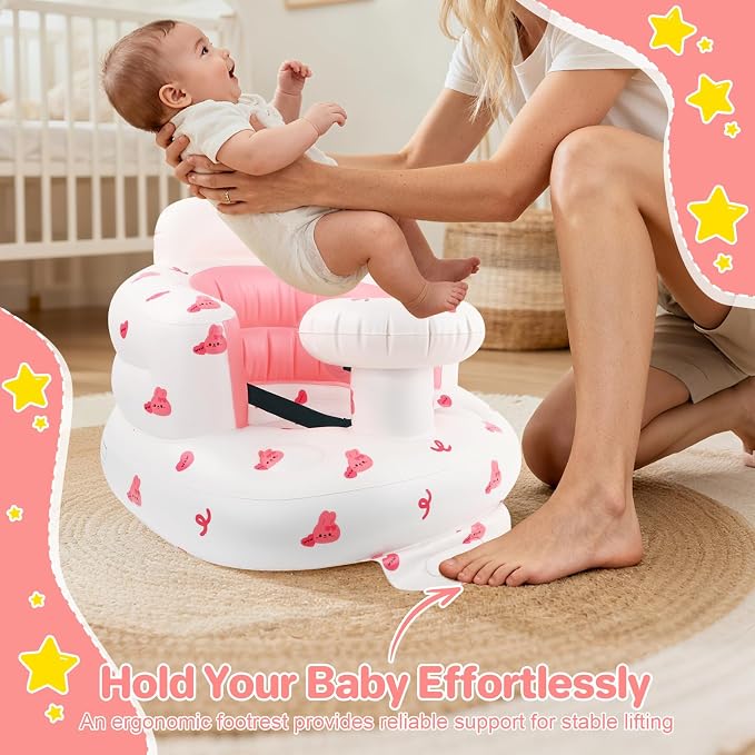 BEBOAN Inflatable Baby Seat with Tray for 3 Months Up Baby, Portable Upseat Baby Chair with Safety Strap for Sitting Up, Foldable Blow Up Infant Seat with Built-in Air Pump (Pink Bunny)