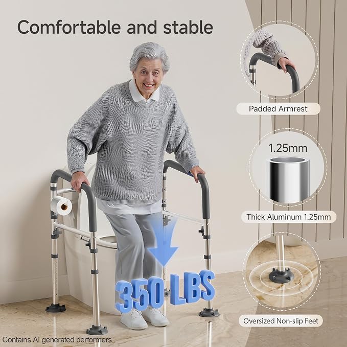 Loyoda Toilet Safety Frame for Seniors, Adjustable Toilet Safety Rail | Height& Width Adjustable, Padded Armrests, Foldable Aluminum Support Frame for Elderly, Disabled, Pregnant, 350 lb, Gray