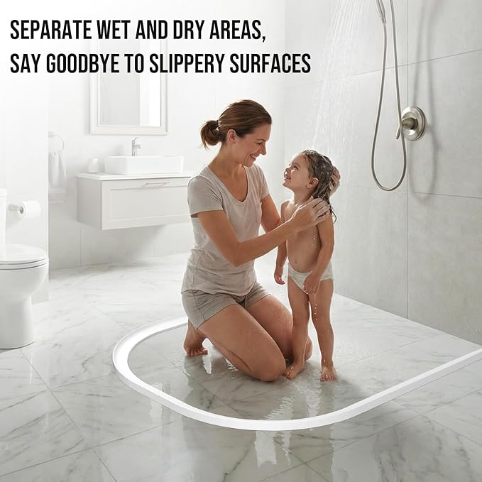 Shower Threshold Water Dam Barrier - Versatile, Silicone Shower Water Guard Stopper Seal Strip for Bathroom Floor, Bathtub Rim, Kitchen Countertop (White, 98 In/ 2.5M)
