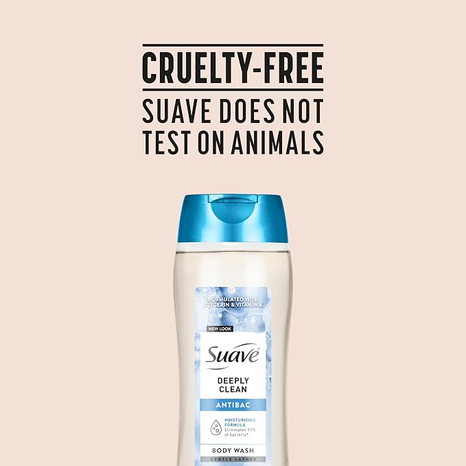 Suave Deeply Clean Antibacterial Body Wash with Glycerin & Vitamin E, Moisturizing Skin Cleanser For Soft, Smooth Skin, Long Lasting Scent, Paraben Free, 18 fl oz, 6 Count
