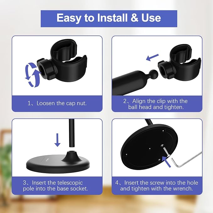 Hair Dryer Stand Hands Free, 360° Rotation Black | Anti-Slip Stable Base, Aluminum Alloy, Adjustable Height 17-51 Inch, For Families & Pet Grooming & Salon