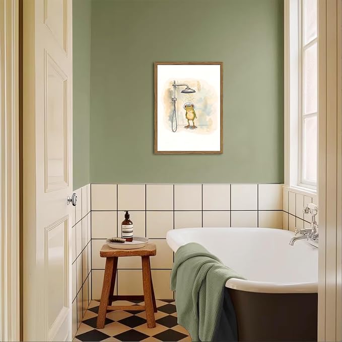 Funny Frog Bathroom Wall Art Cute Frog Bathroom Wall Decor Picture Whimsical Animal Shower Poster Canvas Print Painting for Restroom 16x24 inch Wood Framed