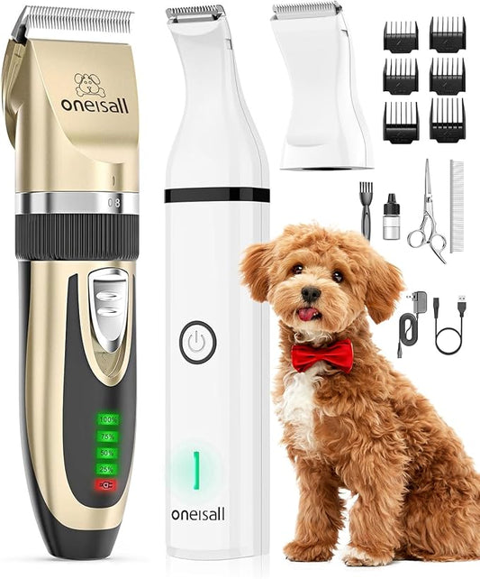 oneisall Dog Clippers and Paw Trimmer Kit for Small Large Dogs Cats | Low Noise, Powerful Motor, Cordless & Long Battery Life, Simple for Beginners, 6 Guide Combs, Removable & Rinsable Blade