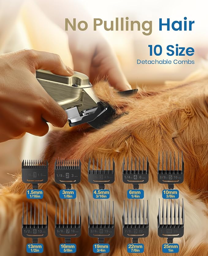 oneisall Dog Clippers for Grooming Thick Heavy Coats | Low Noise,Rechargeable Cordless,Stainless Steel Blade,IPX7 Waterproof,10 Guide Combs,for Thick/Double/Curly Hair, 676 Gold