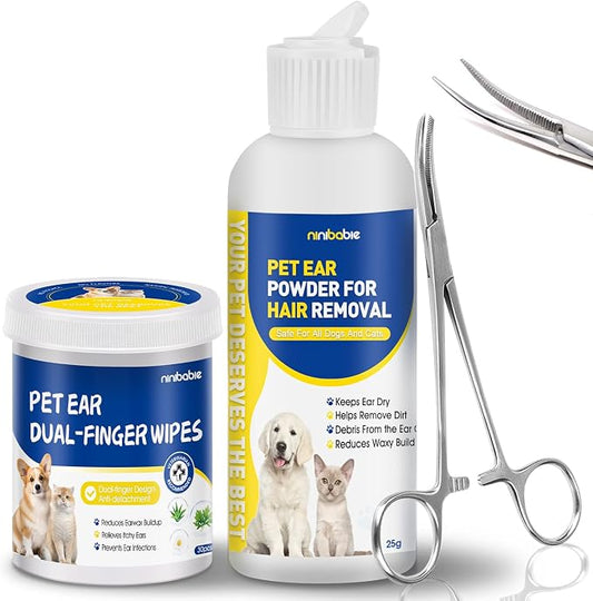 Dog Ear Hair Removal Kit with Ear Powder & 5.5" Curved Locking Forceps – Dog Ear Finger Wipes for Grooming, Helps Remove Excess Ear Hair, Dirt & Moisture, Alcohol-Free Pet Ear Care for Dogs