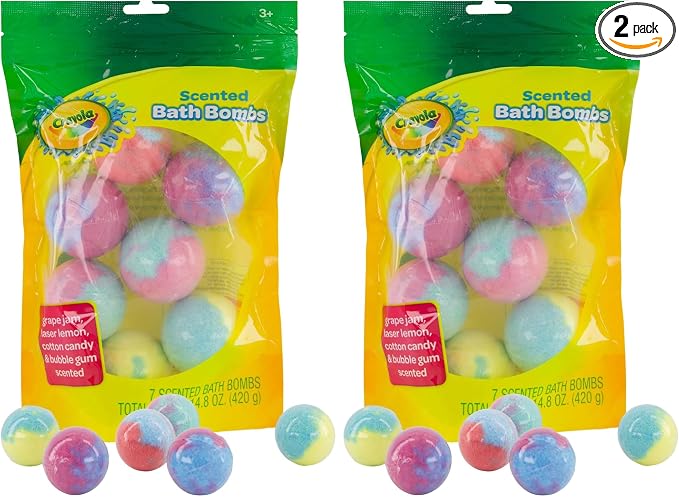Crayola Colorful Scented Bath Bombs for Kids, Color You Bath Non-Toxic Bathbomb Fizzies for Boys Girls Holiday Stocking Stuffer, Grape Jam, Laser Lemon, Cotton Candy, & Bubble Gum Scents (Pack of 2)