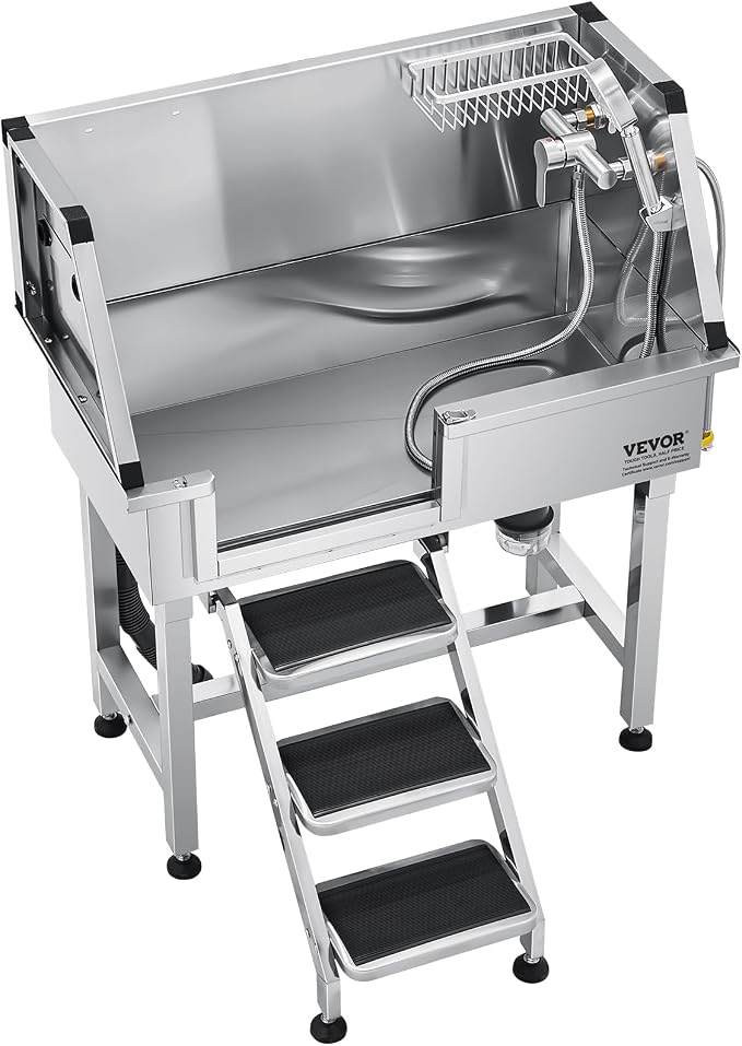 VEVOR Professional Dog Washing Station, 34 Inch Stainless Steel Pet Grooming Tub with Hot Cold Faucet, Adjustable Showerhead, Non-Slip Stairs & Side Sink, for Small to Medium Dogs and Cats (Left Door)