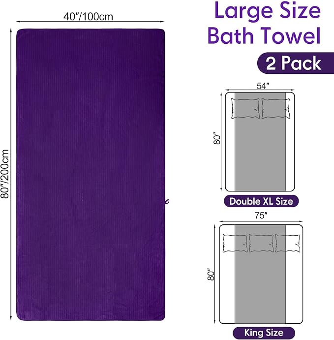 SmoothNovelty 2 Pcs Oversized Coral Fleece Bath Sheets 40 x 80 Inch, Lightweight Extra Large Towel Blanket, Soft Jumbo Bathroom Towels with Hanging Loop for Bath, Pool, Beach, Spa, Travel (Purple)