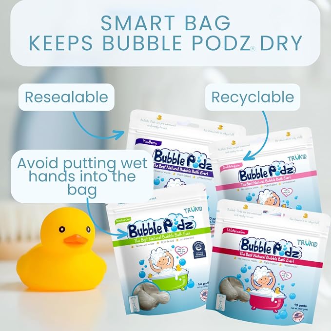 TruKid Bubble Podz Bubble Bath for Kids, Toddlers, & Babies, Tear Free Gentle & Refreshing Bath Bomb for Sensitive Skin with Natural Moisturizers, Non-Toxic, pH Balanced, Vanilla Scent (60 Podz)