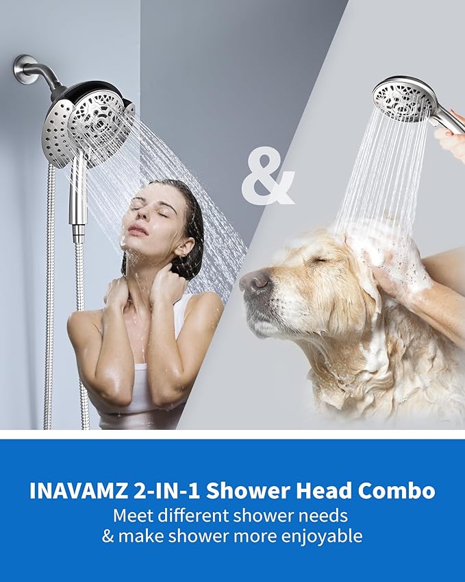 INAVAMZ Shower Head with Handheld High Pressure: Hand Held Shower Head & Rain Shower Head 2-IN-1 Shower Head with 59" Rotatable Stainless Steel Hose, Shower Trim Systems, Nickel Round 2.5 GPM