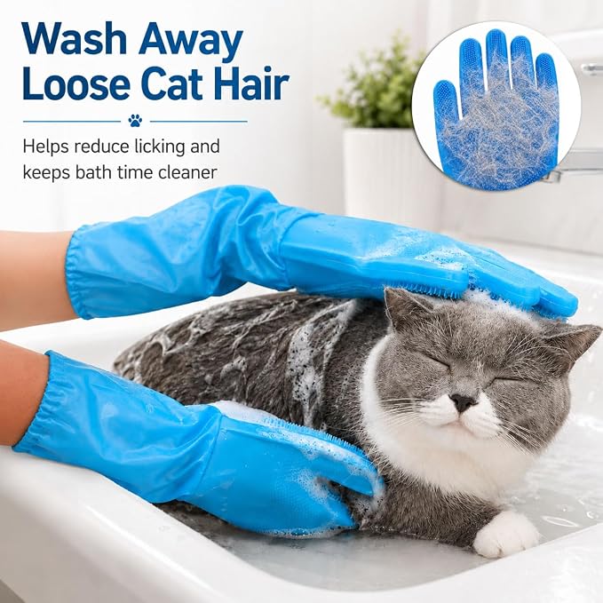 Dog Washing Gloves for Bathing, Thicker Pet Grooming with Extended Elastic Cuff, Silicone Bath Gloves with Soft Massage Bristles for Cats & Dogs