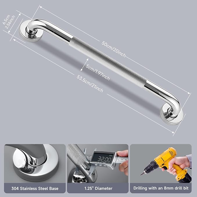 20 Inch Shower Grab Bar 1.25" Dia, Chrome Anti Slip Bathroom Grab Bar, 304 Stainless Steel Knurled Handicap Grab Bars, Safety Support Handrail, Assist Bath Shower Handle for Elderly Injury Senior