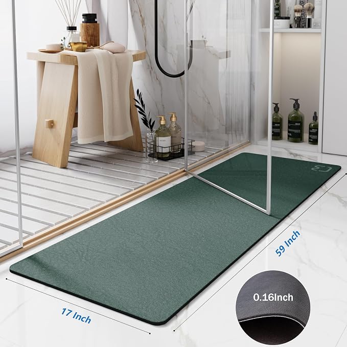 RUERYA Bathroom Runner Mat Rug Long-Bath Mats for Bathroom Non Slip Absorbent Quick Dry Thin Bath Rugs Bath Floor Mat Rubber Backed Bathmat-Shower Rug Easy Care, 17"x59", Dark Green