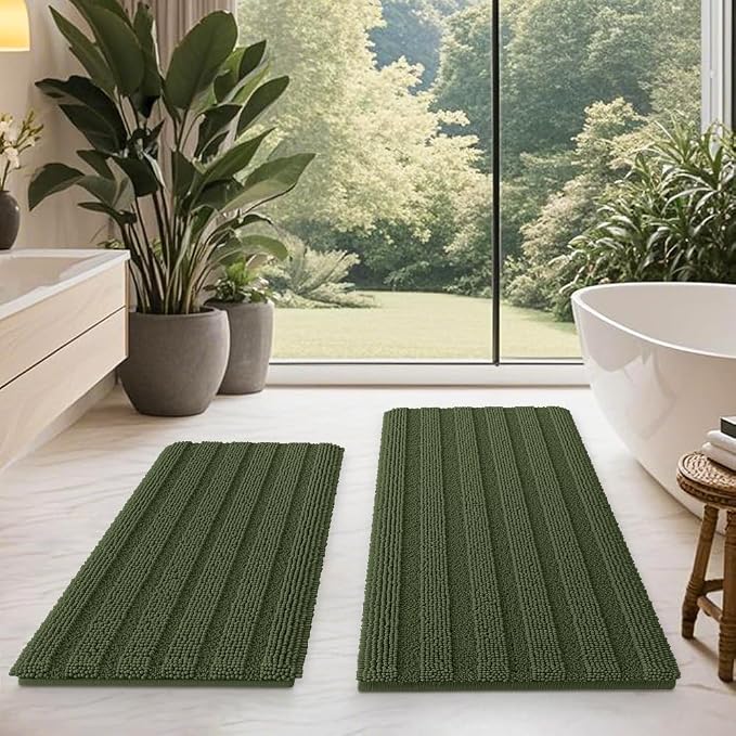 Christmas Striped Olive Green Bathroom Rug Mat Set 2 piece 32"x20"+24"x17" Ultra Soft, Non Slip Chenille Bath Rugs, Absorbent Plush Shaggy Bath Mats for Bathroom, Bedroom, Kitchen, Shower, Tub