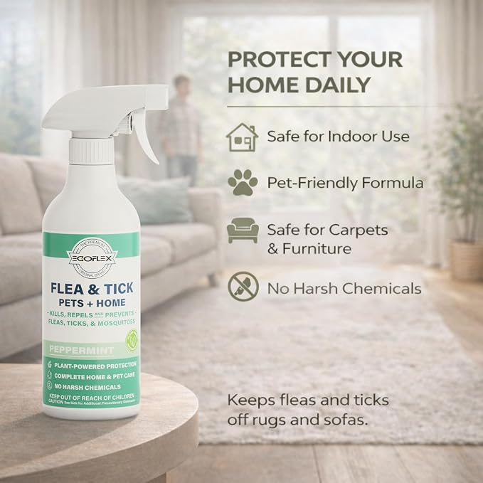Flea Spray for Home & Pets - Flea and Tick Prevention for Dogs - Plant Based Repellent with Natural Essential Oils for Dog Flea Treatment Protection - Peppermint Scent - 16 Fl Oz