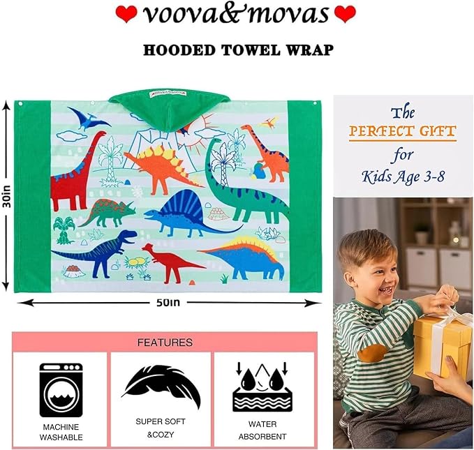 VOOVA & MOVAS Dinosaur Hooded Beach Towel for Kids Age 3-8, Large 30"x50" 100% Cotton Ultra Absorbent Wearable Wrap, Bath Towel for Beach Pool Swim, Birthday Gift for Kids