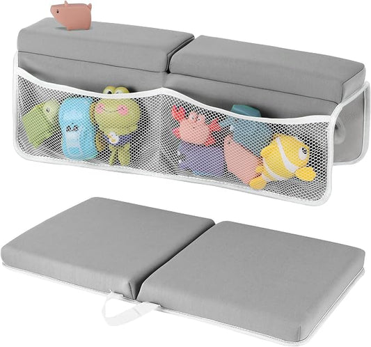 Baby Bath Kneeler and Elbow Rest Pad Set, 1.5 Inch Thick Memory Foam Soft Bath Kneeler with Bath Toys Organizer, Non-Slip, Quick-Dry, Foldable Kneeling Mat, Ideal Gift for Parents, Gray