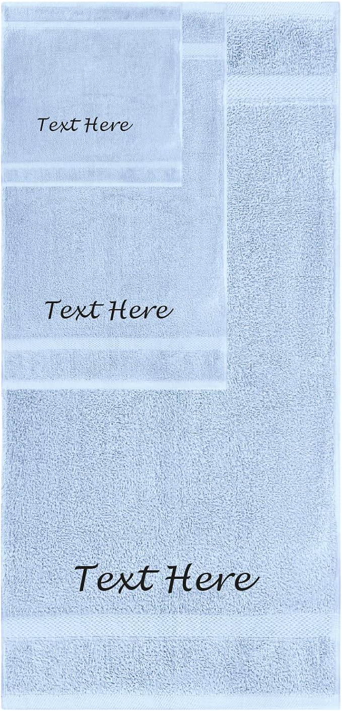 Personalized Passion 3-Pack Towels Set with Embroidered Text - Super Soft & Absorbent Turkish Cotton Towels for Bathroom, Spa, Gym, Pool and Hotels - Includes 1 Bath, 1 Hand, 1 Washcloth - Sky Blue