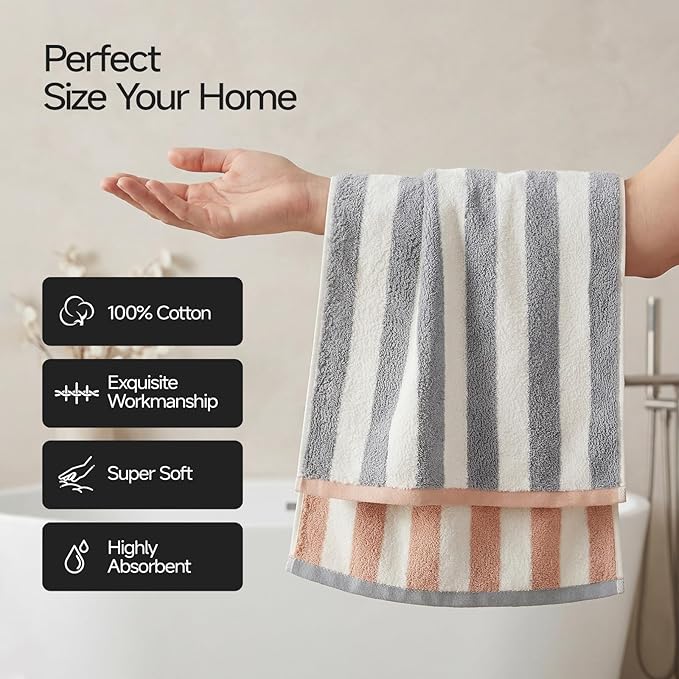 REDKISS Striped Hand Towels for Bathroom, Kitchen Decor, Guest Use, Ultra Soft and Highly Absorbent for Kids Adults, 100% Cotton, 12” x 28”, 3 Pack, Grey