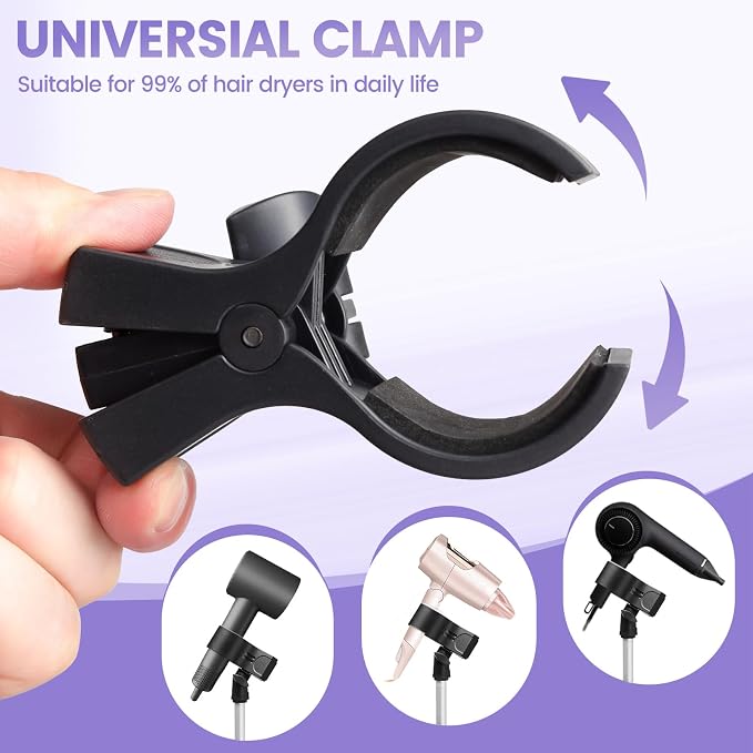 Adjustable Hair Dryer Stand, 29-59 Inch Hair Dryer Holder with Tripod and Universal Clip, 360-Degree Rotating Blow Dryer Stand for Bathroom, Vanity, Makeup Roo, black