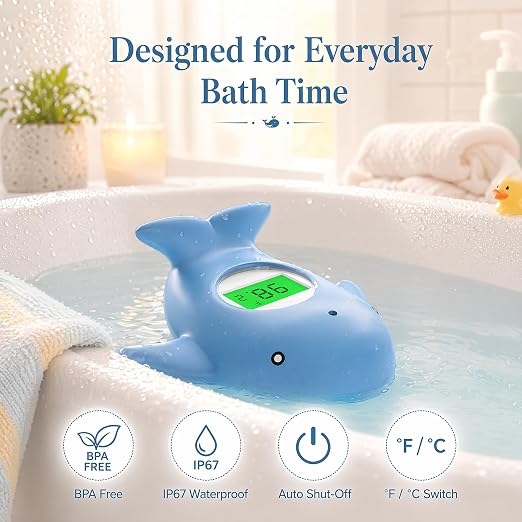 Baby Bath Thermometer for Infant & Toddler,Floating Digital Water Temperature Thermometer with 3-Color LED Backlight,Instant Accurate Reading,Baby Bath Toy,Hot & Cold Alert（Light Blue Whale）