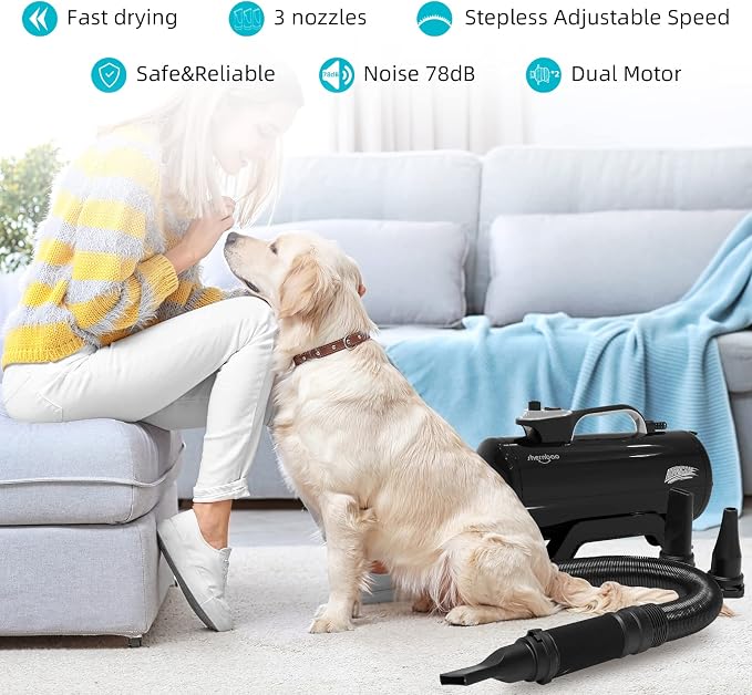 Dog Dryer High Velocity Professional Dog Pet Grooming Hair Drying Force Dryer Blower 6.0HP (DHD-2400T) (6.0HP, Jet Black) | 6.0HP powerful high velocity blower dryer for professional dog hair grooming, jet black DHD-2400T