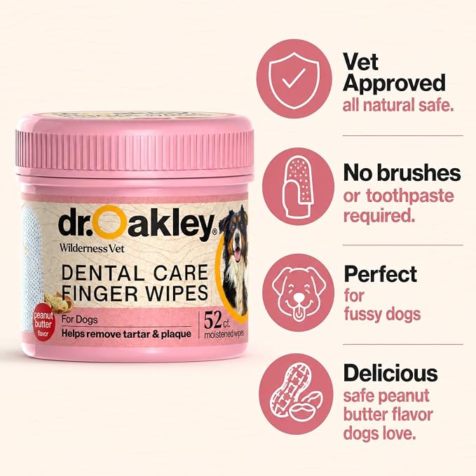 Dr. Oakley Dog Dental Wipes Finger Dental Care - Peanut Butter Flavor | Teeth Cleaner, Plaque Remover