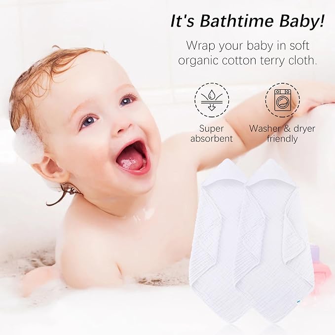 SWEET DOLPHIN Muslin Hooded Baby Bath Towels - 2 Pack 100% Cotton Towel for Babies, Infants, Toddlers - 32x32Inch - Highly Absorbent and Newborn Essential, White