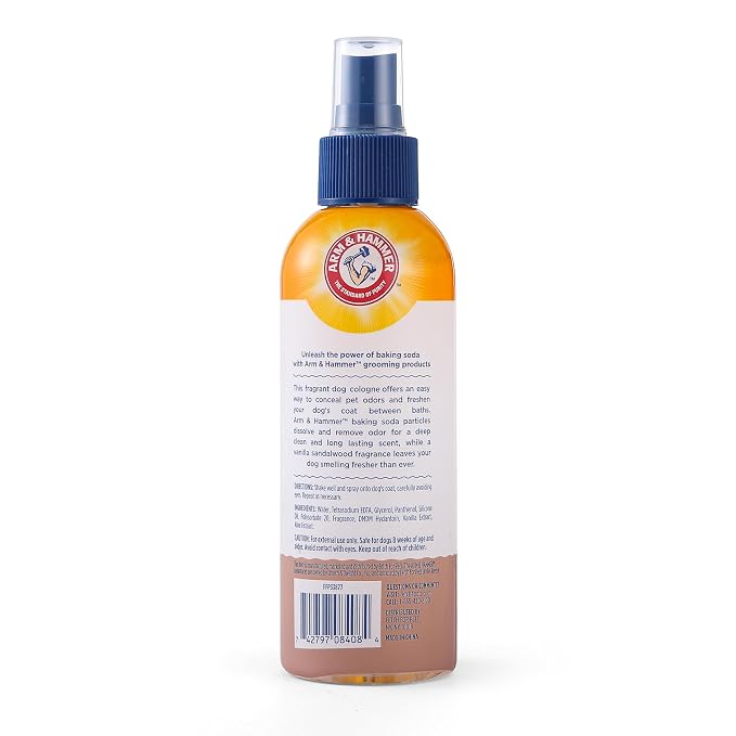 Arm & Hammer for Pets Dog Cologne and Fragrance Spray, Baking Soda, Vanilla Sandalwood Scent, Deodorizing Dog Perfume for Between-Bath Freshening, Paraben Free, 6 Fl Oz