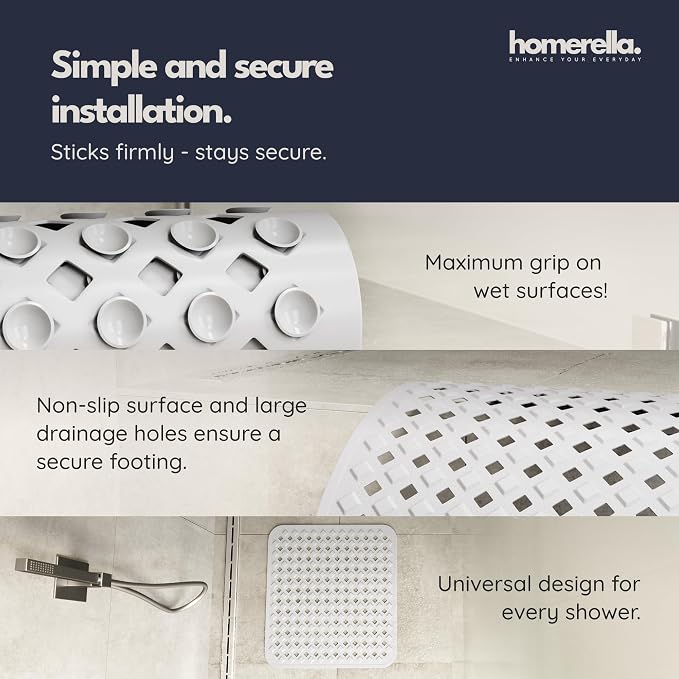 homerella® Shower Mat Non Slip Anti Mold, Non Slip Shower Mats for Inside Shower Stall Anti Slip Mat, Square Shower Floor Mat 21 x 21 in with Suction Cups & Hooks for Quick Drying, Machine Washable