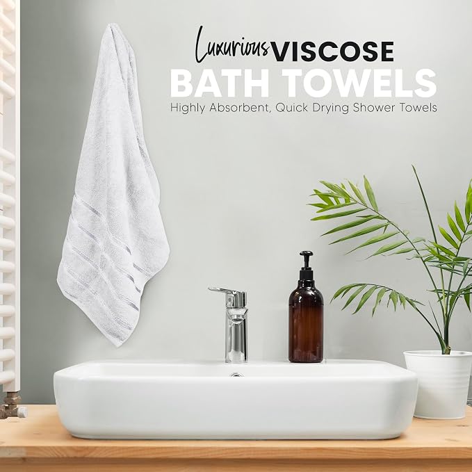 Luxury Bath Towels Set of 4, 27x54 Inches 600GSM 100% Cotton Ring Spun – Hotel Quality, Highly Absorbent - Viscose Stripe Bath Towel Sets (White)