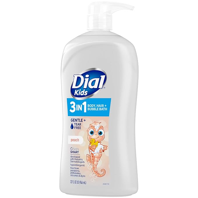 Dial Kids All-in-1 Body + Hair + Bubble Bath, Peach Scent, 32 Fl Oz, Hypoallergenic Body Wash & Shampoo, No Tears Formula for Kids 2+ Years, No Parabens & Silicones (Pack of 2)