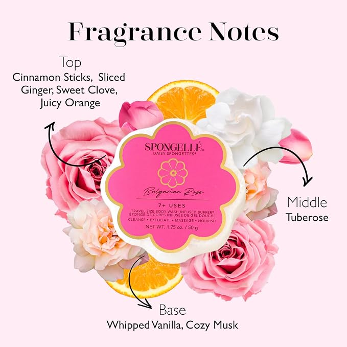 Spongellé Bulgarian Rose Daisy Spongette Bath Sponge | Built-in Body Wash & Body Scrubber, Shower Loofah Sponge for Women, Travel Essentials | 7+ uses