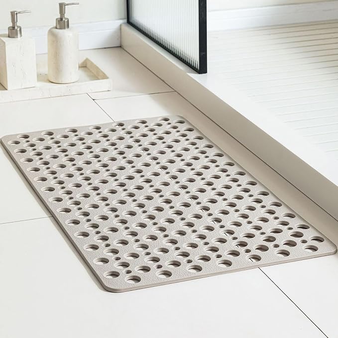 Casa and Beyond Shower Mat, Secure Shower Mat-Non-Slip, Washable Non-Slip Bathtub Mats, with Suction Cups and Drain Holes, Soft Textured Design, Easy to Clean for Bathroom (Khaki, 29.5" x 17")