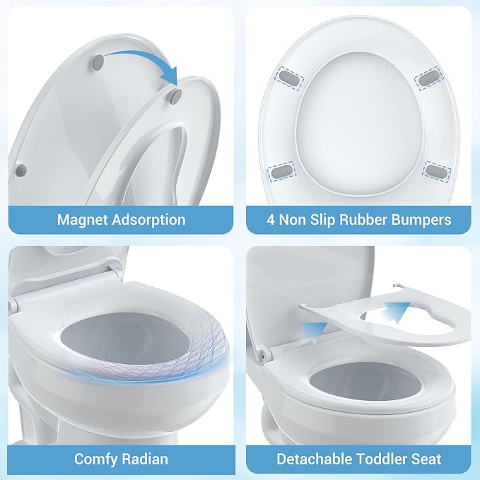 Round Toilet Seat with Toddler Seat, PP Locking Hinge Potty Training Toilet Seat Cover for Kids & Adults, White Detachable Child Toilet Seat for Family Bathroom