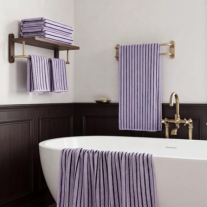 ecolook Striped Microfiber Bathroom Towel Set, Lightweight-Purple | Highly Absorbent 6-Piece Microfiber Towel Set, 2 Bath Towels, 2 Hand Towels, and 2 Washcloths for Everyday Use